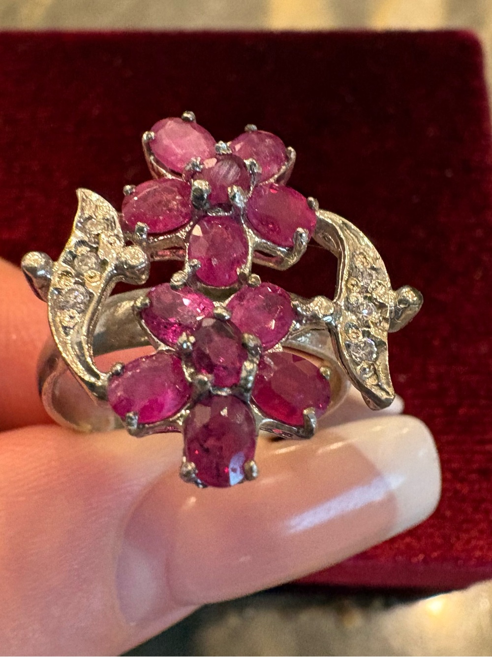 Large shiny Red Ruby and Sapphire Ring 925 Silver 18 GP Ring Floral Gemstones
